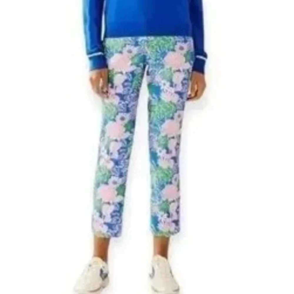 Tory Burch Sport Printed Tech Twill Golf Pants Women’s 0 Ribbon Bouquet Blue